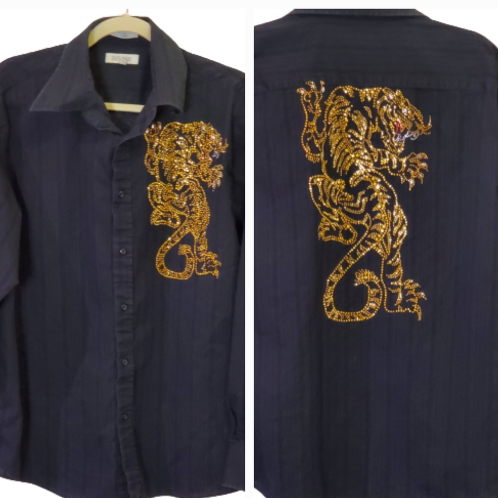 Men's Black Button-Down Shirt with Gold Tiger Embellishment